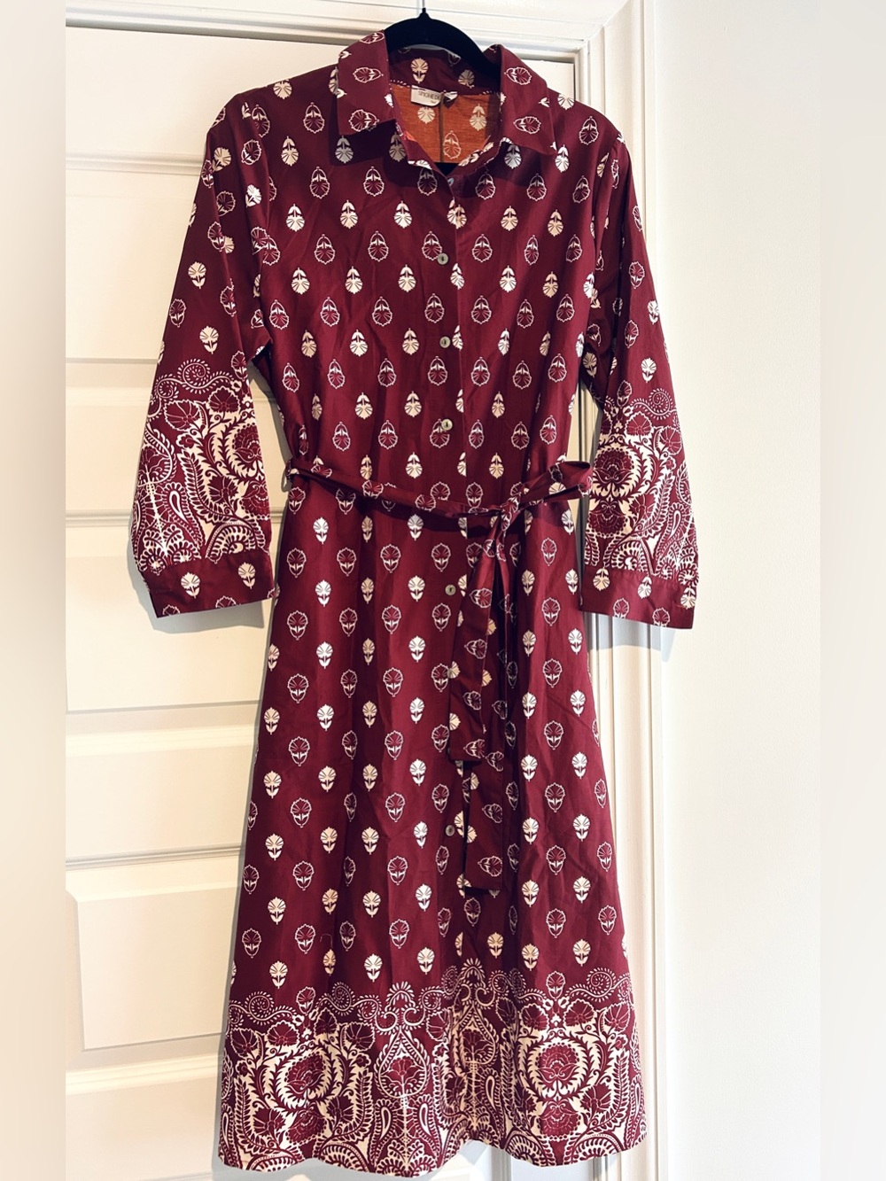 Spighe Di Lino Italy Burgundy Belted Shirt Dress NWT size L